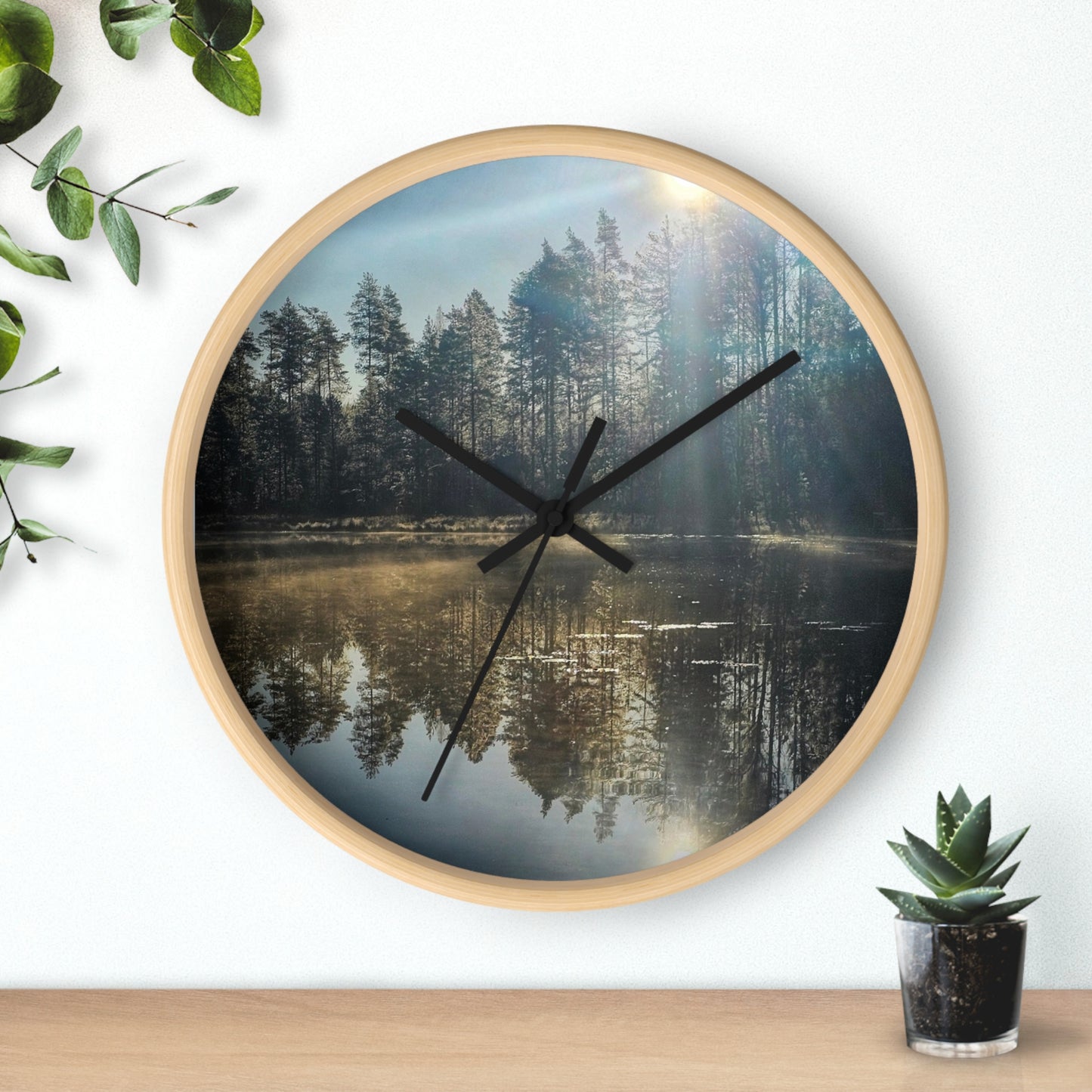 Sunlit Forest Lake Wall Clock — Tranquil Nature Scene Timepiece