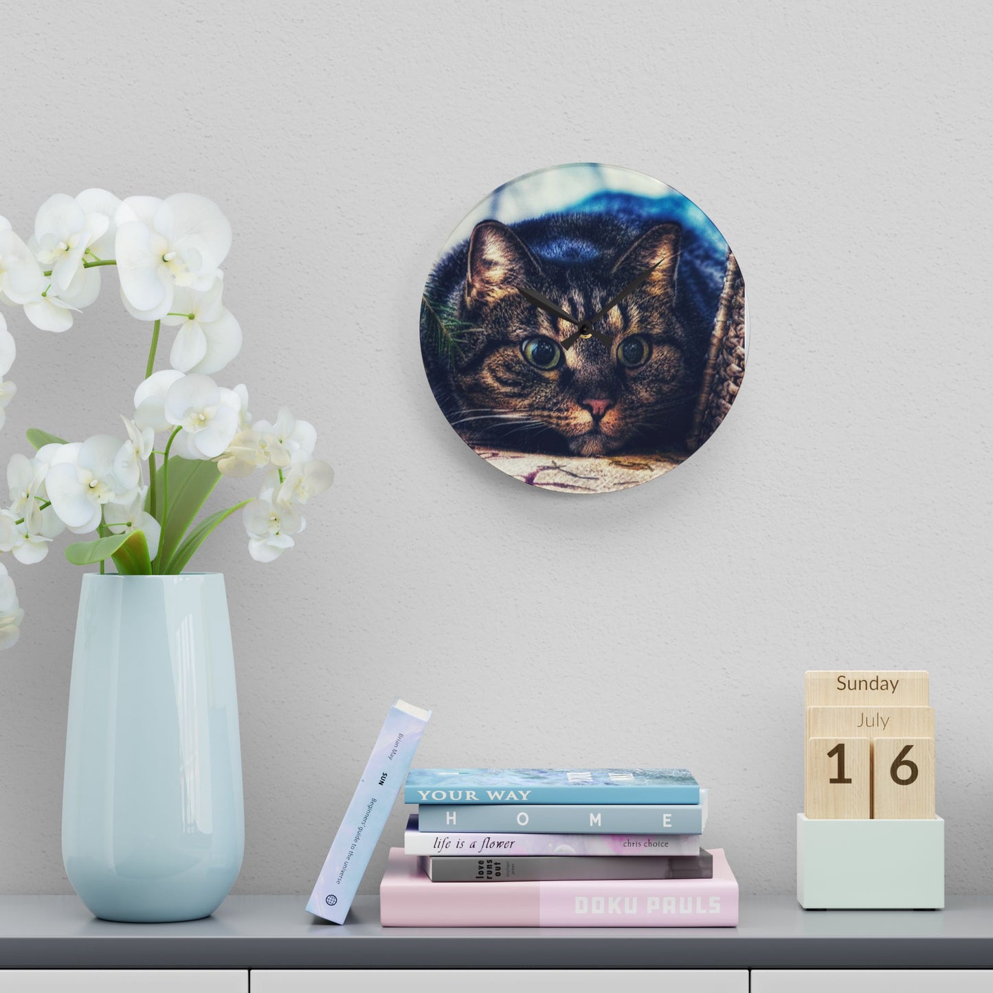 Round Acrylic Wall Clock — Cute Tabby Cat Prowling Photo