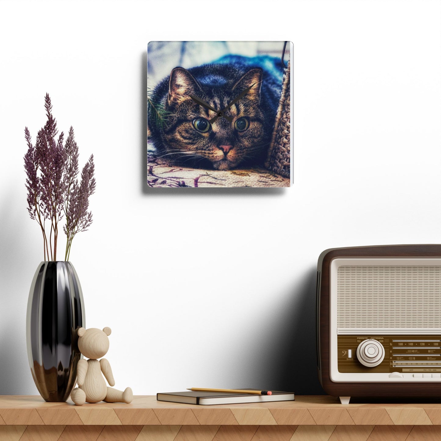 Round Acrylic Wall Clock — Cute Tabby Cat Prowling Photo