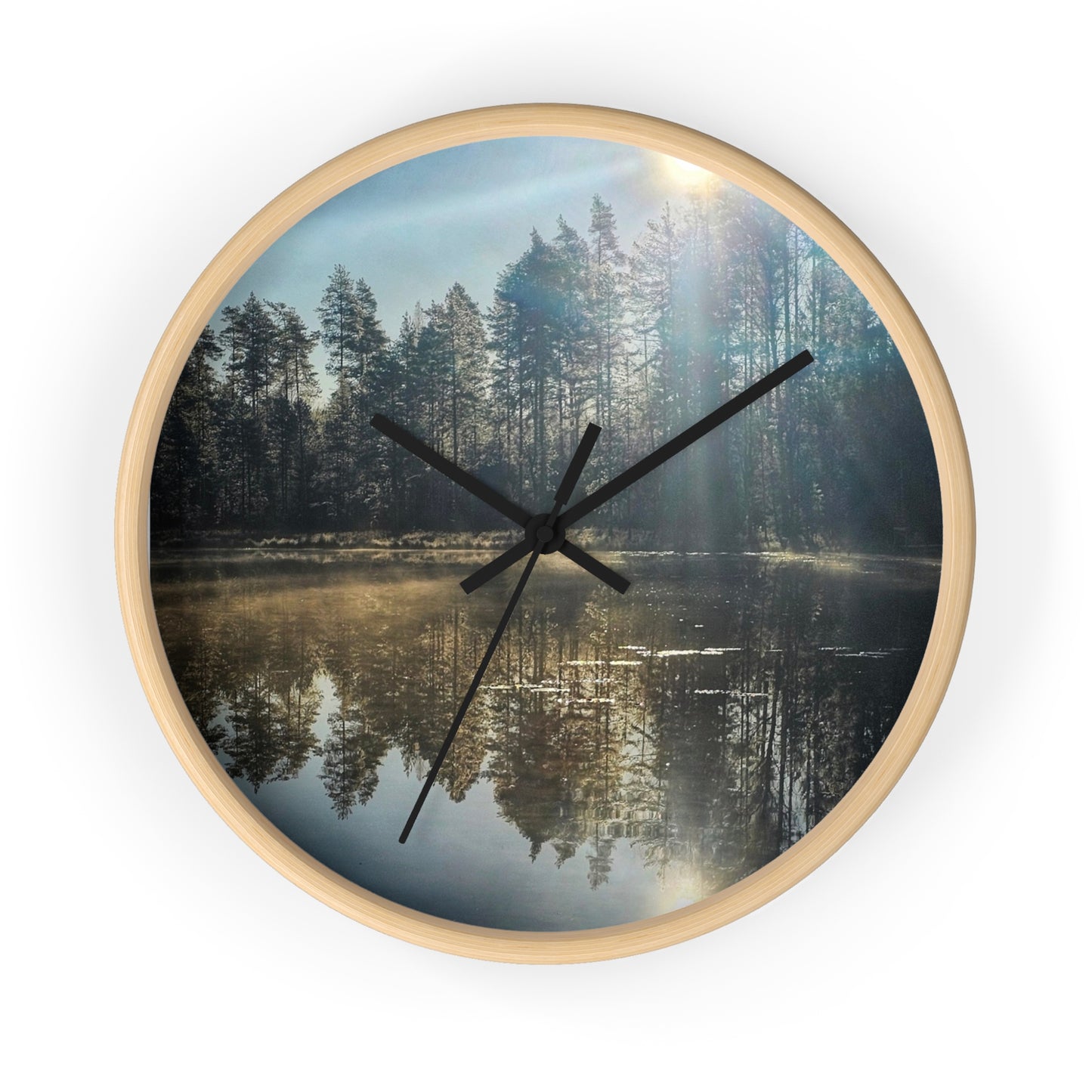 Sunlit Forest Lake Wall Clock — Tranquil Nature Scene Timepiece