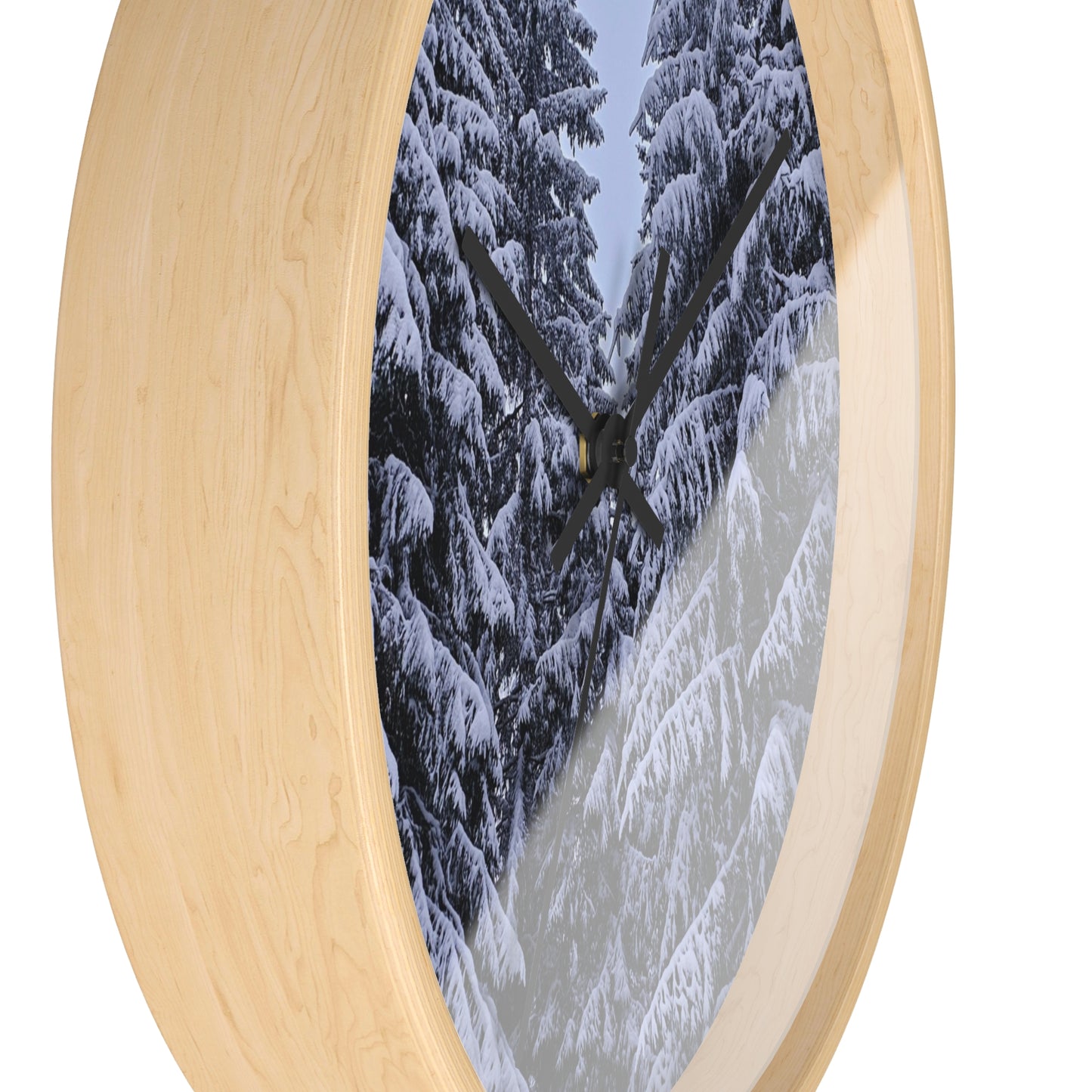 Snow-Covered Pine Forest Wall Clock — Winter Woodland Home Decor