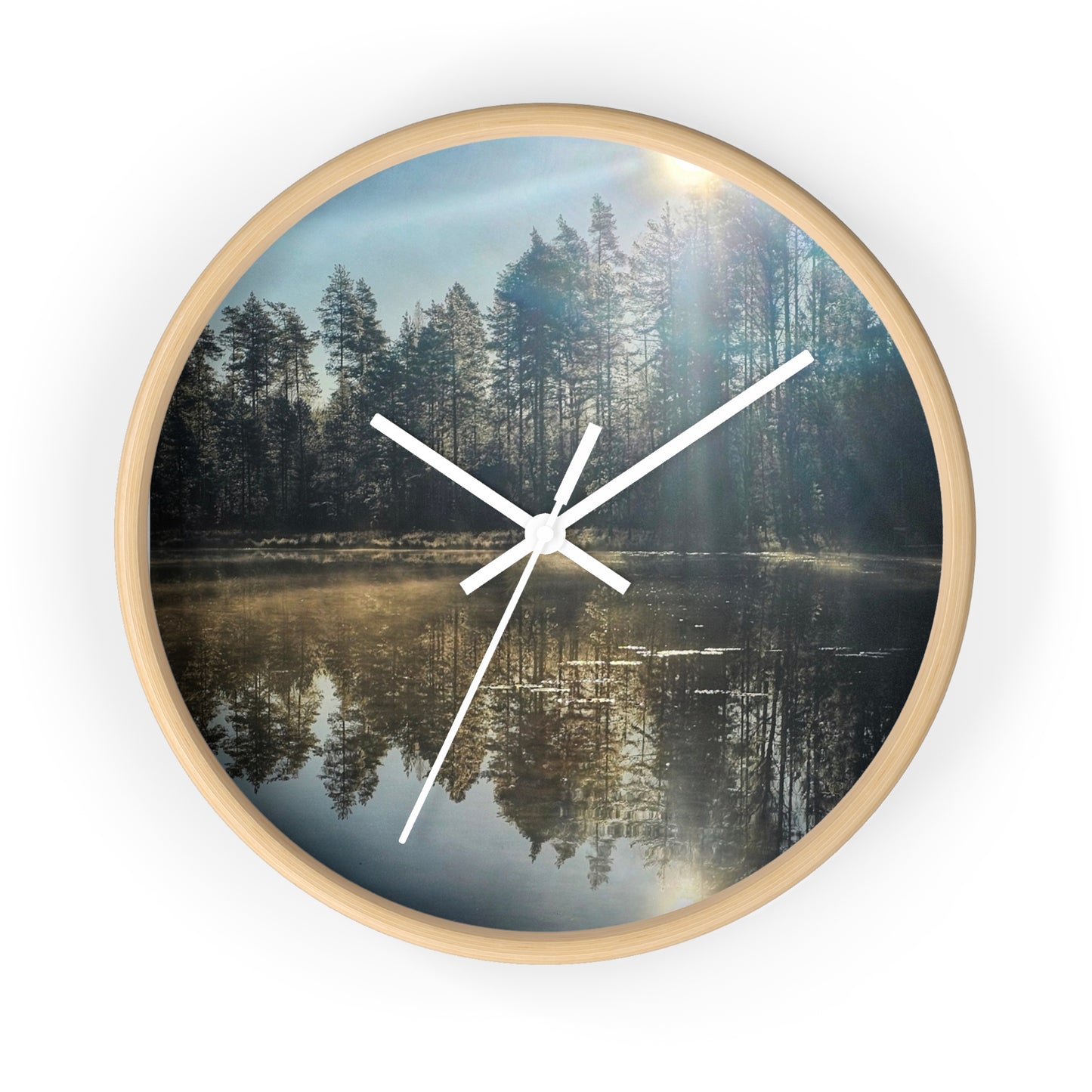Sunlit Forest Lake Wall Clock — Tranquil Nature Scene Timepiece