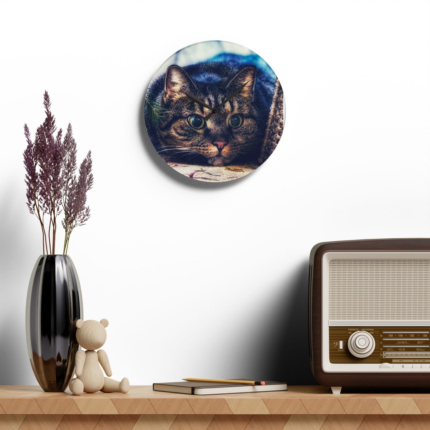 Round Acrylic Wall Clock — Cute Tabby Cat Prowling Photo