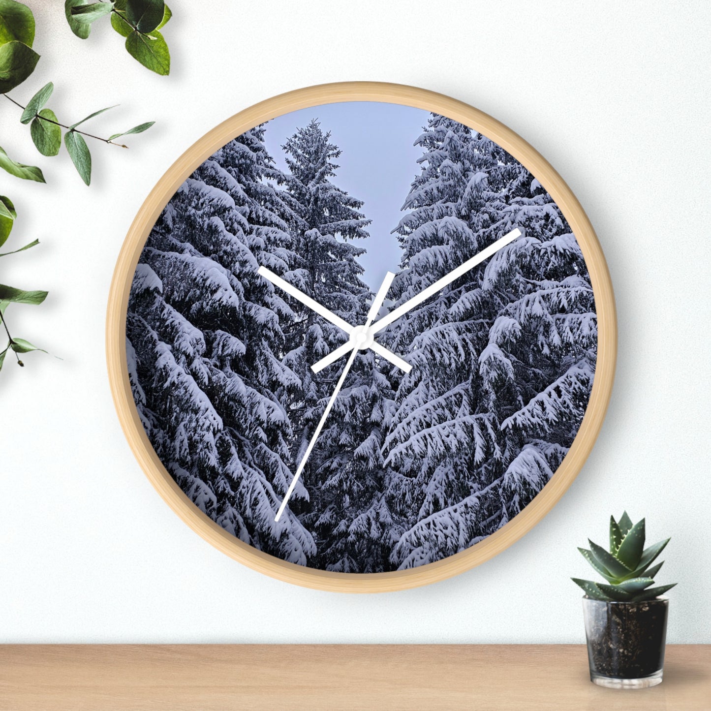 Snow-Covered Pine Forest Wall Clock — Winter Woodland Home Decor