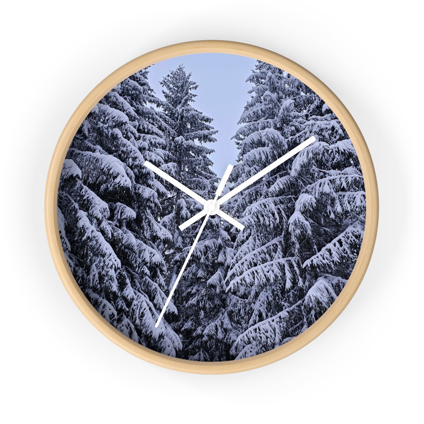 Snow-Covered Pine Forest Wall Clock — Winter Woodland Home Decor