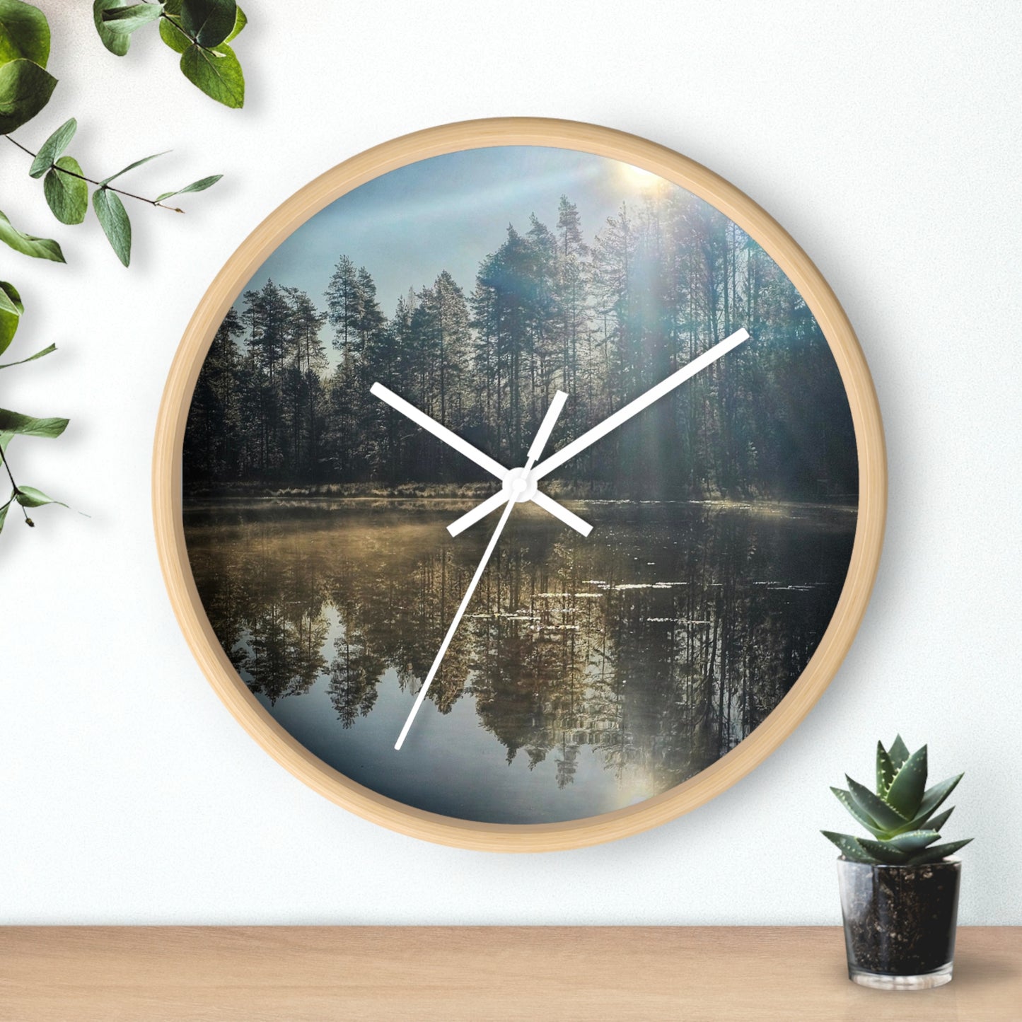 Sunlit Forest Lake Wall Clock — Tranquil Nature Scene Timepiece