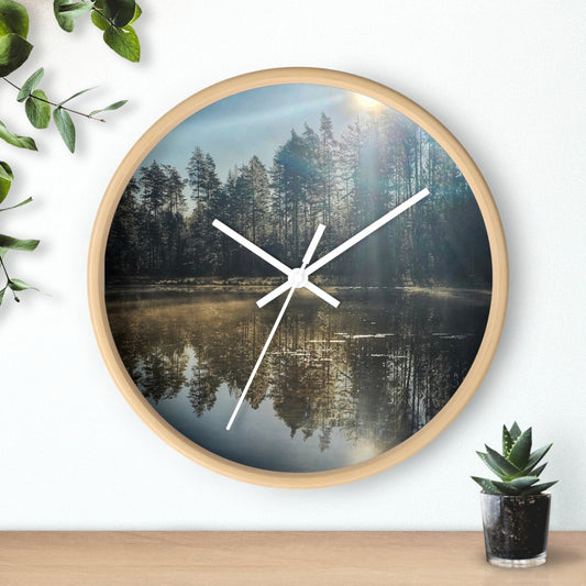 Sunlit Forest Lake Wall Clock — Tranquil Nature Scene Timepiece