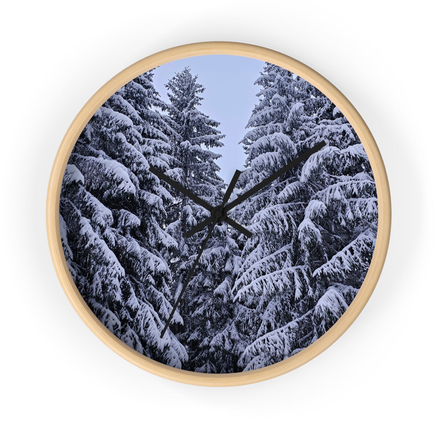 Snow-Covered Pine Forest Wall Clock — Winter Woodland Home Decor