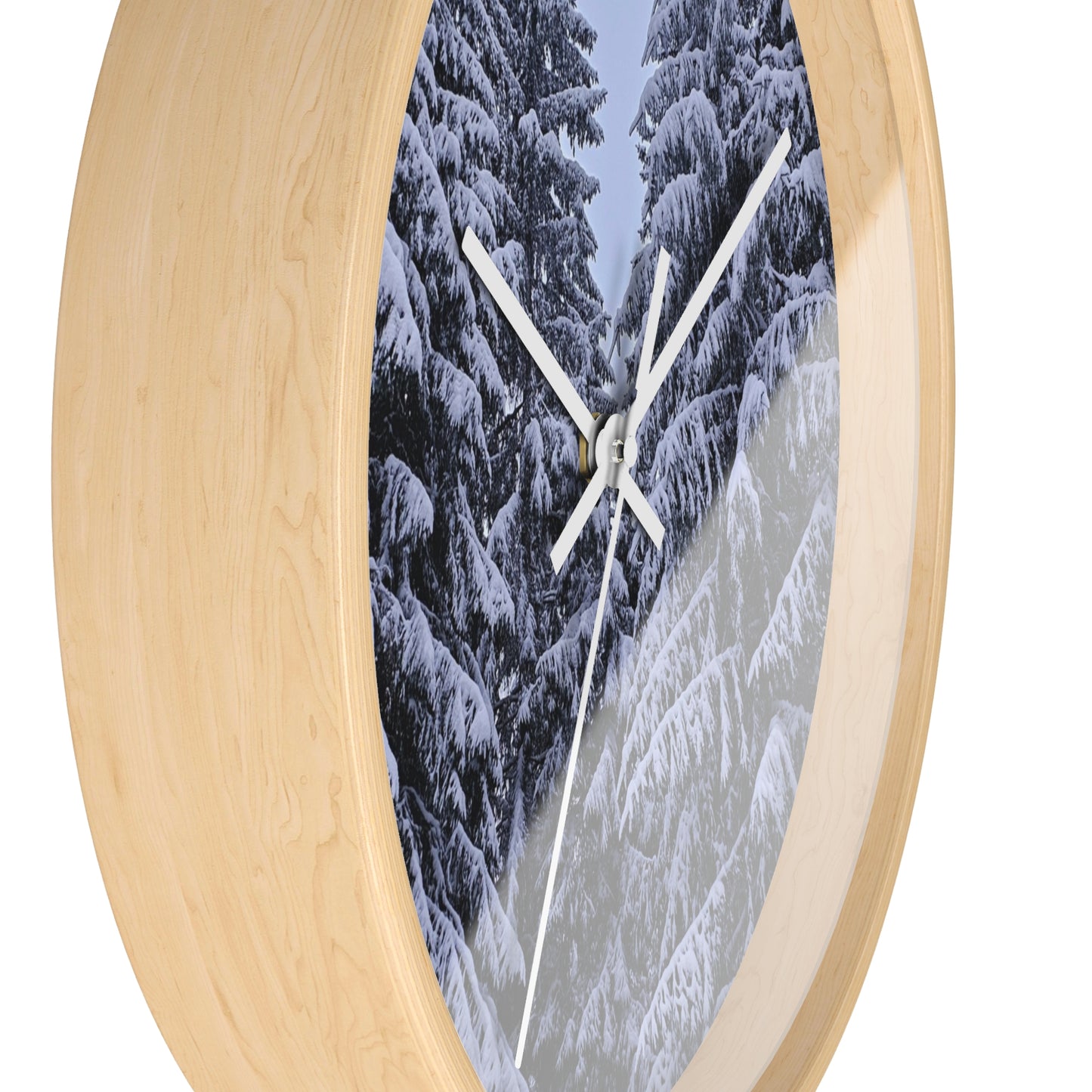 Snow-Covered Pine Forest Wall Clock — Winter Woodland Home Decor