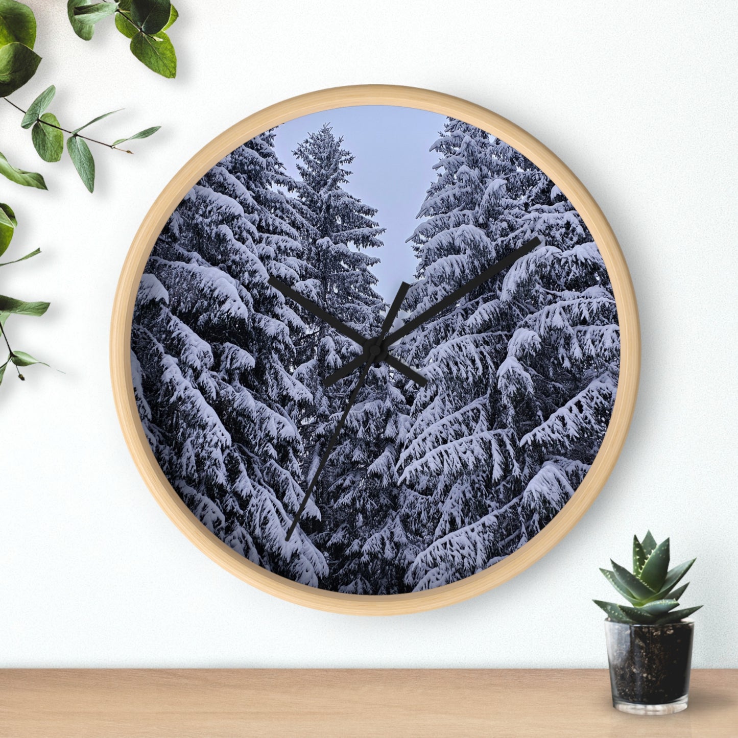 Snow-Covered Pine Forest Wall Clock — Winter Woodland Home Decor